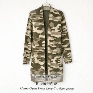 Rachel Zoe Camo Open Front Long Cardigan Jacket Olive Neutral Knit M
